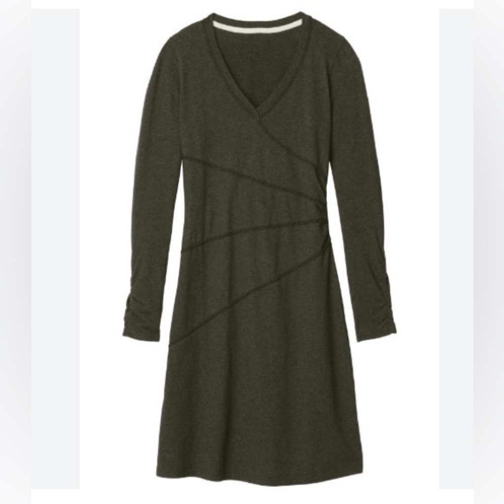 Athleta Green Organic Cotton Ruched Long Sleeve V-Neck Dress - Size XXS